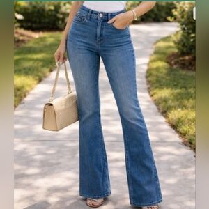 Athleta SculptTek Flare Jeans Blue Size 8 Tall High Rise Zipper Detail